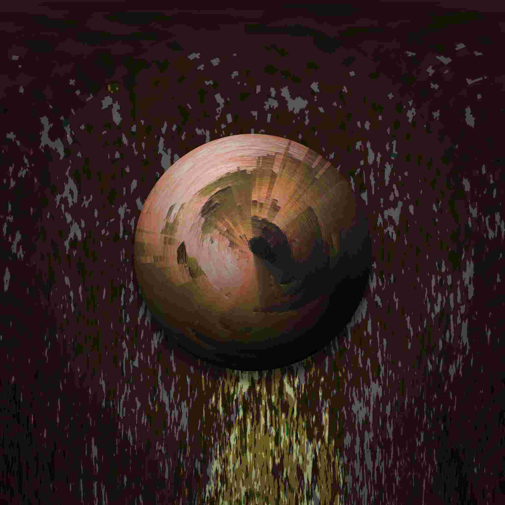 a glitchy orange sphere on top of a purple-ish melty background
